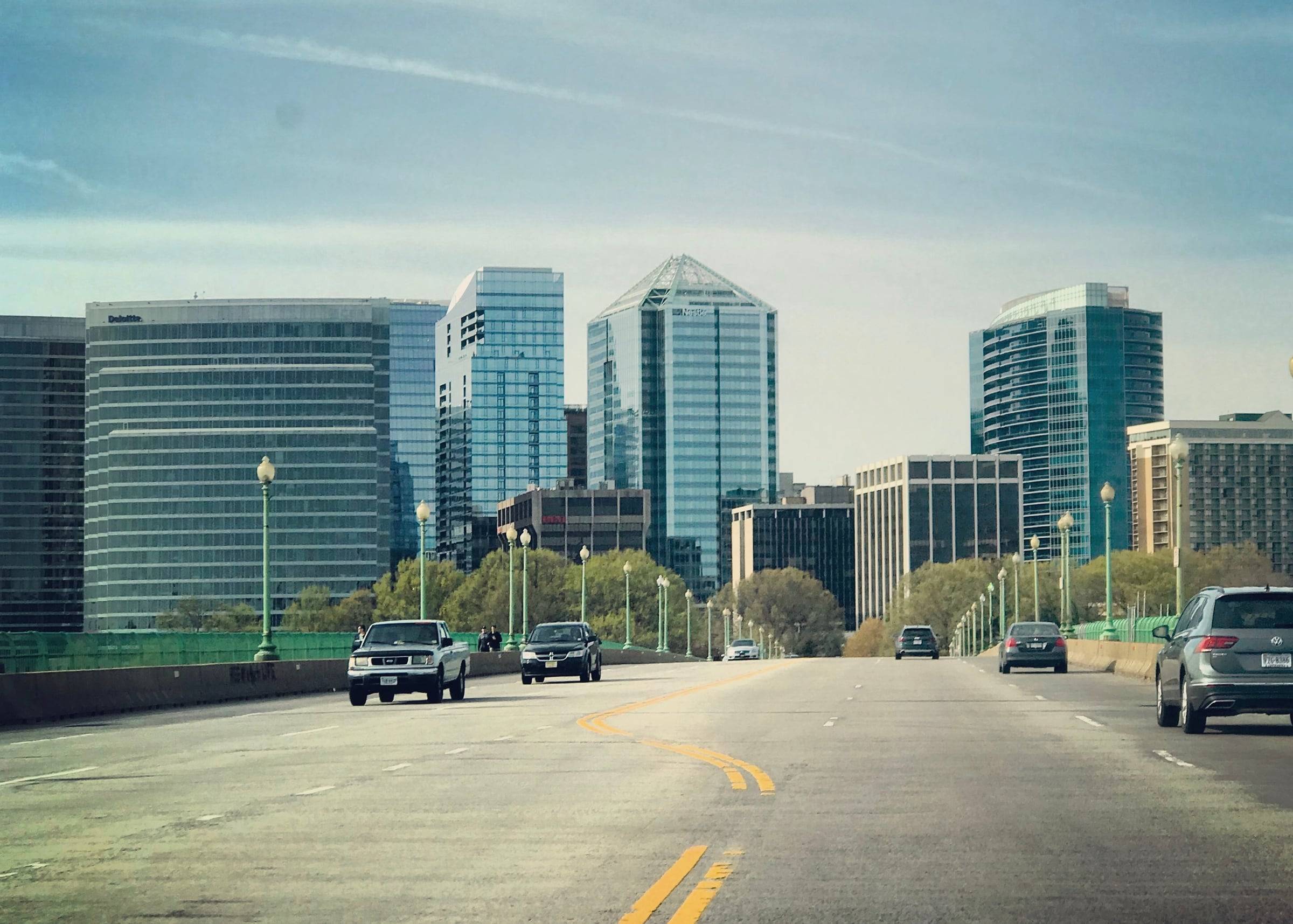 Glass office towers of the Rosslyn skyline in Arlington, seen from Key Bridge