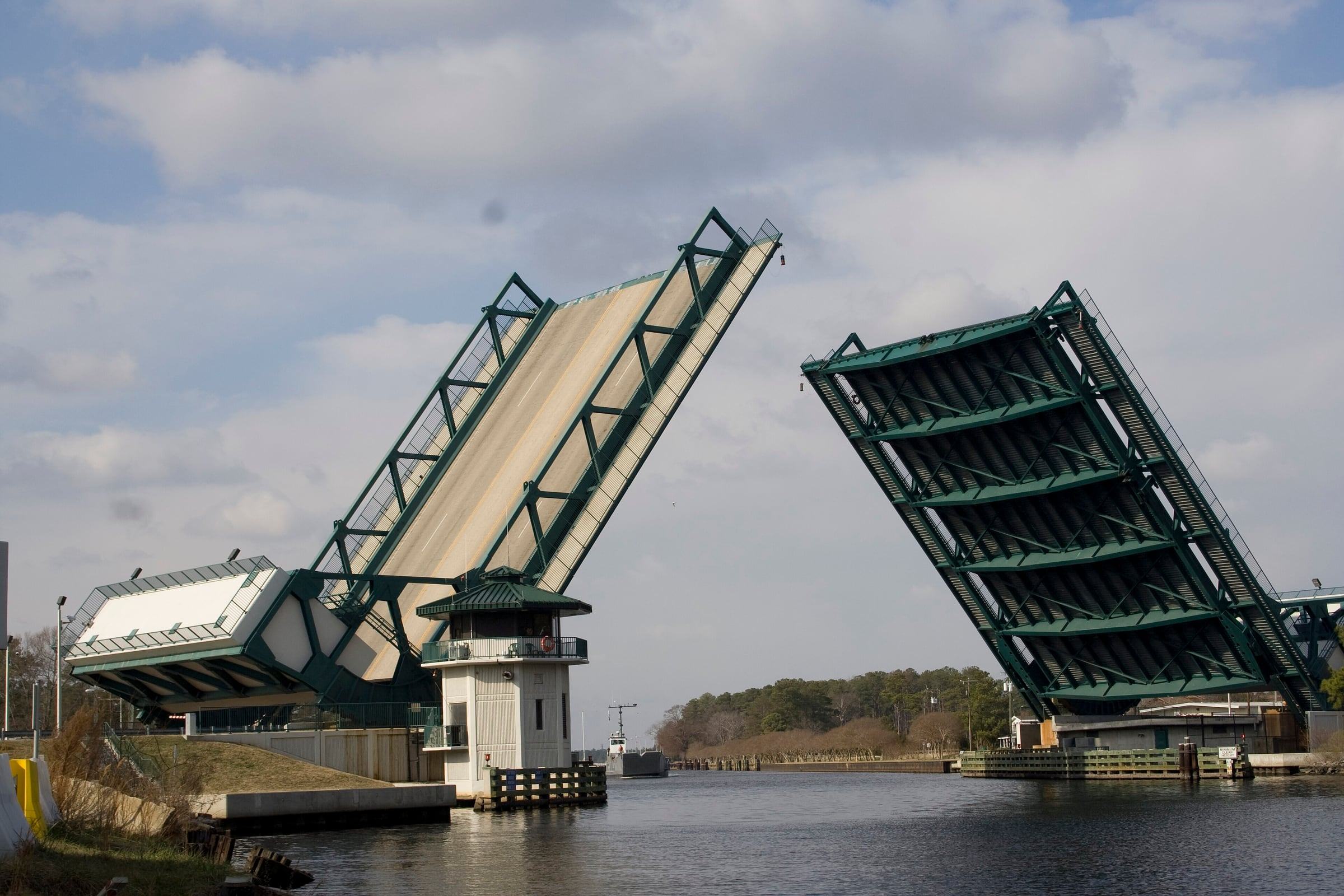 The Great Bridge bascule bridge raised open over the Albemarle and Chesapeake Canal in Chesapeake